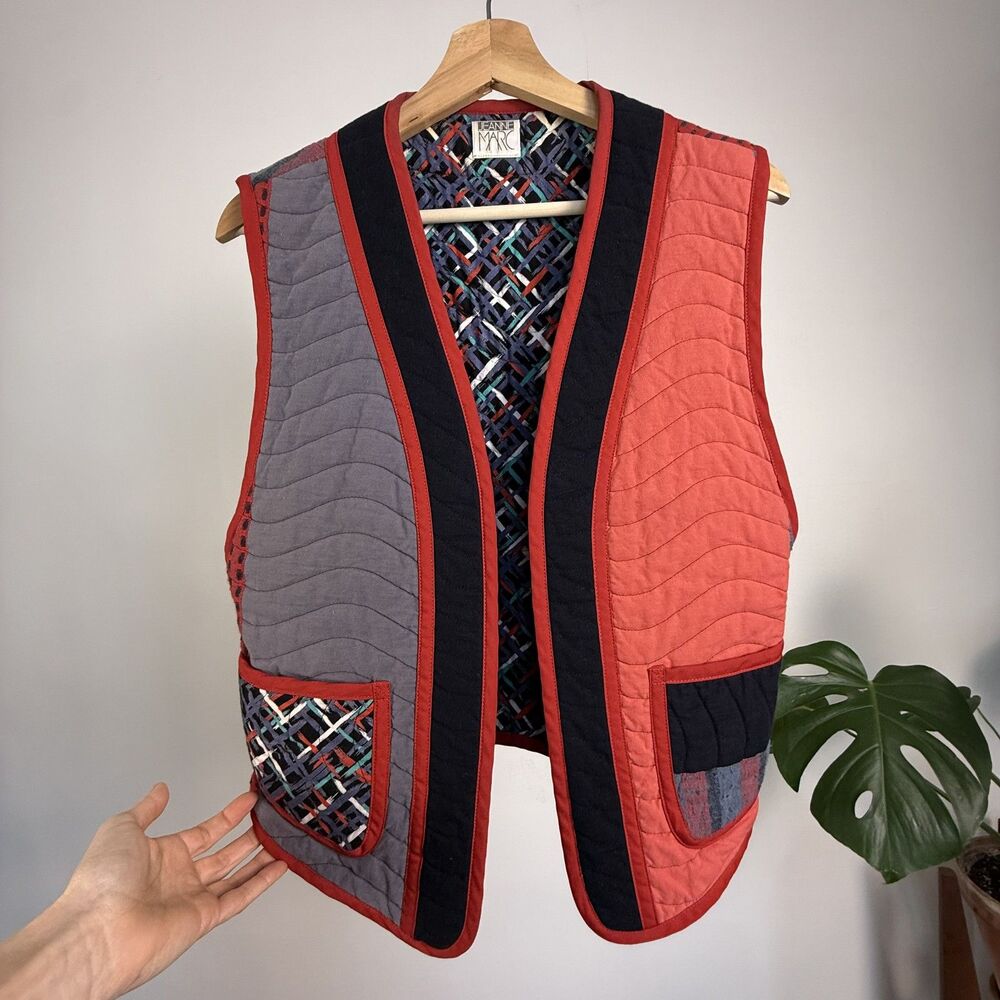 Jeanne Marc Vintage Quilted Patchwork Vest, 80s Colorblock 100% Cotton